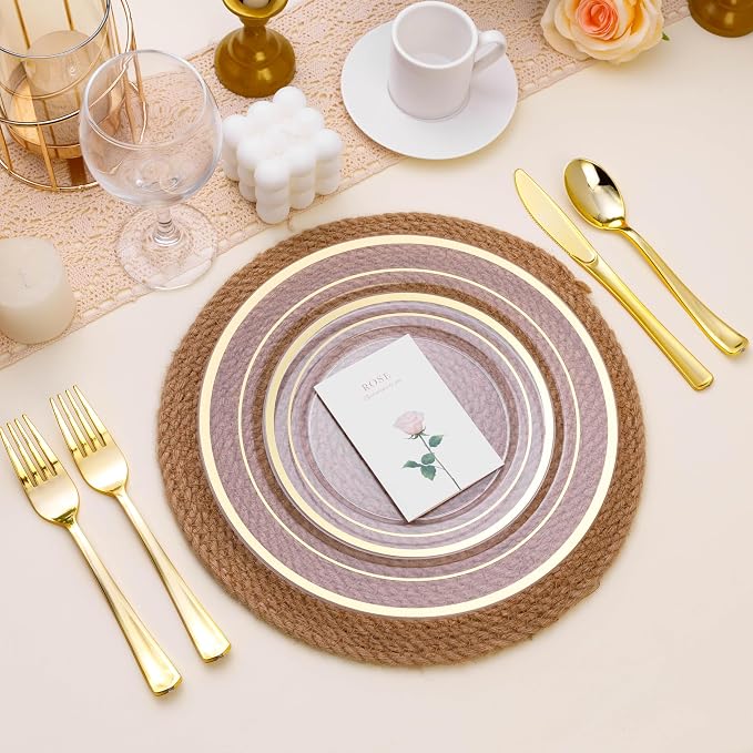 BESTSTAR 100PCS Clear Plastic Plates for Party, 10.25 Inch Disposable Plates with Gold Rim, Heavy Duty Dinner Plates for Wedding and Birthday