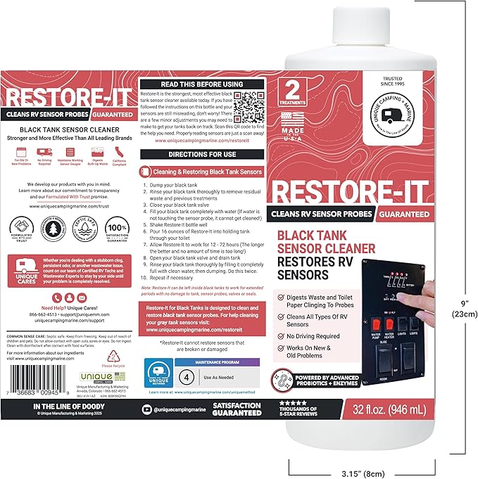 Unique Restore-It RV Sensor Cleaner Liquid – Cleans Dirty Sensor Probes for Misreading Black Tank Sensors – 2 Treatments (32 oz) Amazon-Exclusive Packaging