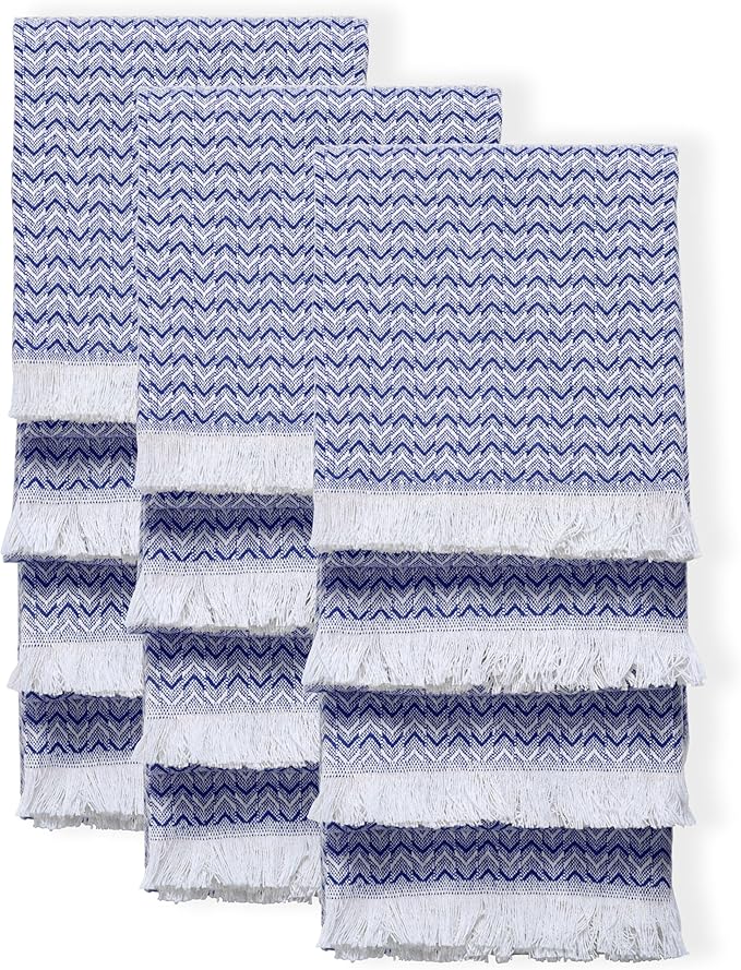 TWINY threads Kitchen Towel Chevron Pattern, Premium Large Kitchen Linen Set, 100% Cotton Wash Rags, Absorbent Quick Drying Cloths, Washable Reusable Multi Purpose, Set of 12, 16x26 Inch, Indigo Blue