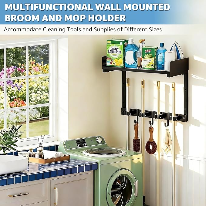 HUFAND Broom Holder Wall Mount, 15" Large Mop and Broom Organizer Wall Hanging with Top Storage Shelf, Heavy Duty Iron Utility Rack for Laundry Room, Garage, Kitchen, Garden - Black