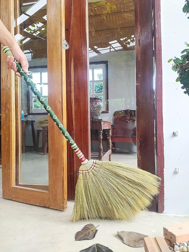 Natural Grass Thai Broom for Sweeping Vintage Retro, Handmade Broom,Witch Broom,Durable Broom for Indoor & Outdoor,Broomstick Bamboo Stick Long Handle (Turquoise)