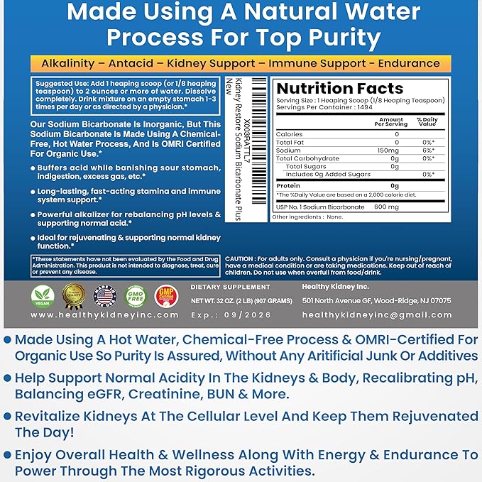 Sodium Bicarbonate Aluminum Free Organic Use bicarbonato de sodio para tomar. Chemical free For Health & Wellness. Bicarbonate of Soda Powder instead of sodium bicarbonate tablets 3.5 Ib