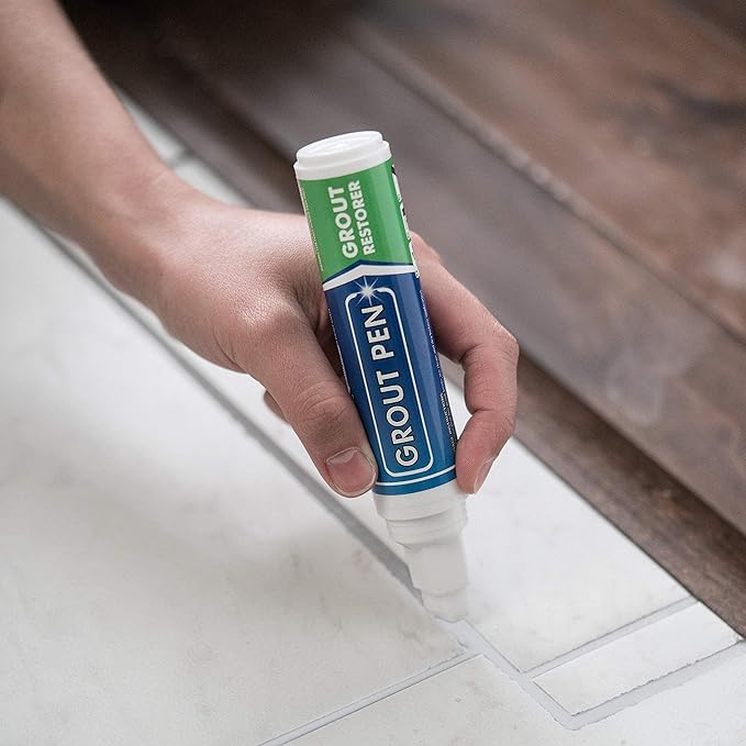 Grout Pen Tile Paint Marker: Waterproof Grout Colorant and Sealer Pen to Renew, Repair, and Refresh Tile Grout - Cleaner Coating Stain Pens - 2 Pack, 15mm Wide White and 15mm Wide Beige Tip