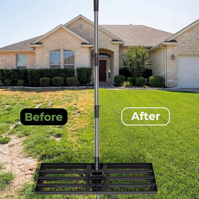 Walensee Foldable Split Lawn Leveling Rake, 30"x10" Heavy Duty Lawn Leveler Tool with 6.5FT Steel Handle, Levelawn Landscape Rake for Topdressing, Soil, Sand, Dirt, Backyard, Garden