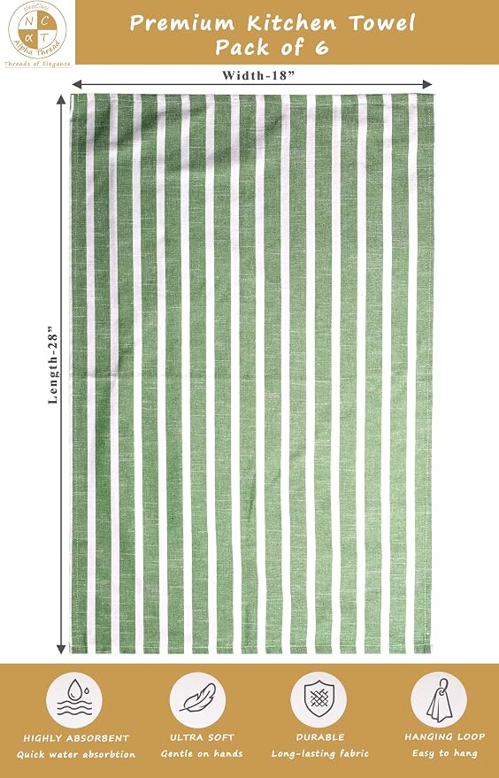 Pack of 6 Cotton Kitchen Towels Set, Dish Towels, Cleaning Rags, Kitchen Dish Cloths for Washing Dishes, Cotton Cleaning Cloths, Ultra Soft, Lightweight & Quick Dry, Slub Weave, 28" x 18" (Olive)