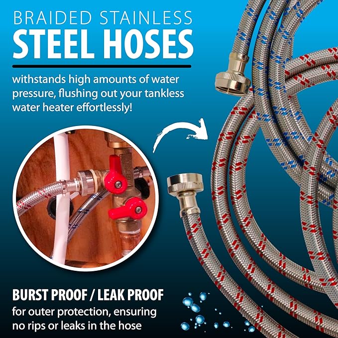 DrainX Tankless Water Heater Flushing Kit with Gallon Concentrated Vinegar, Dilutes to 4 Gallons, Heavy Duty 1/6HP Extra Strength Pump and Hoses.