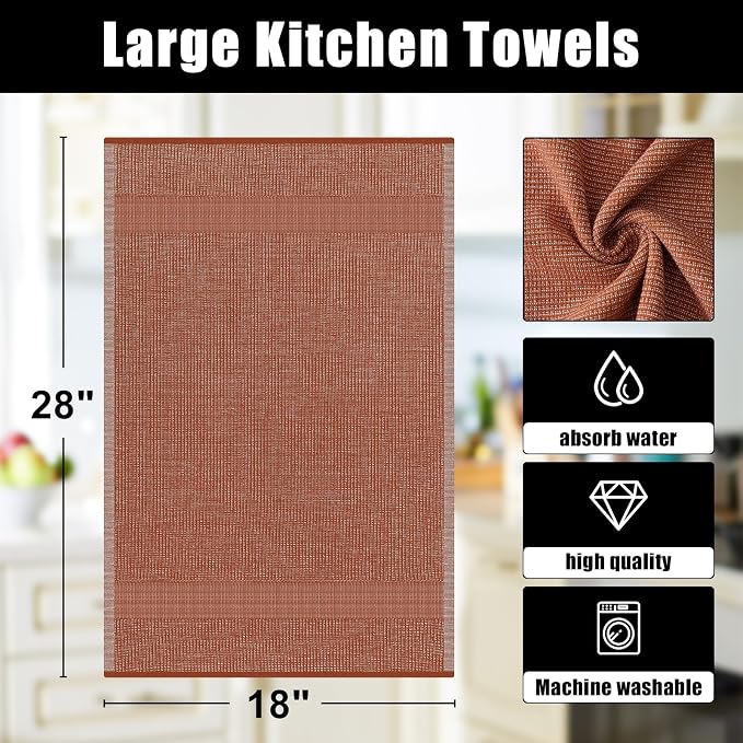 Homaxy Premium Kitchen Towels(18”x 28”, 12 Pack), Large Cotton Kitchen Hand Towels, Flat and Terry Dish Towels, 380 GSM Highly Absorbent Tea Towel Set with Hanging Loop, Rust