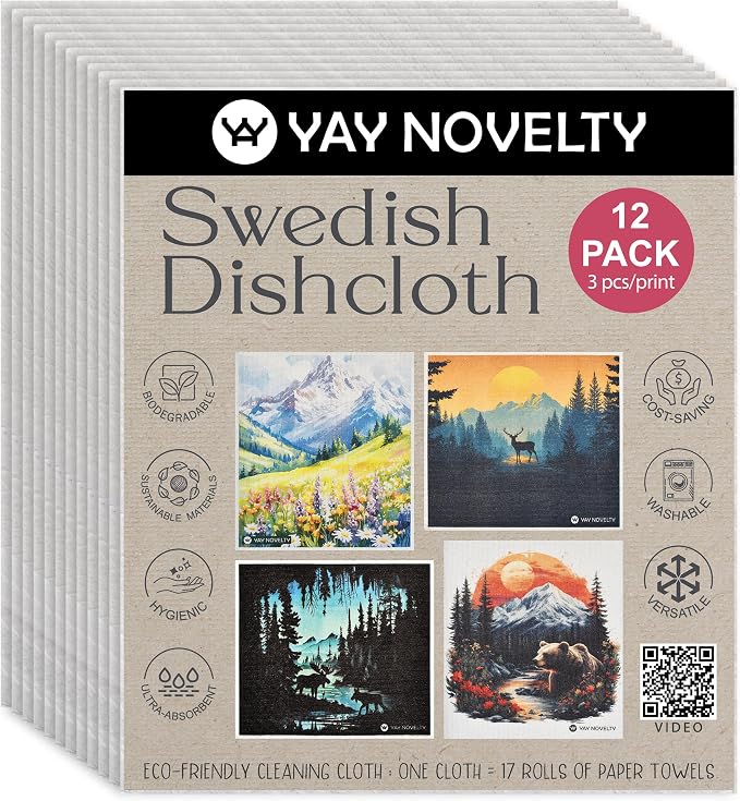 Swedish Dishcloths - 12 Pack | Made in Germany | Ultra-Absorbent, Reusable Cellulose Sponge Cloths for Kitchen | No-Odor, Eco-Friendly Cleaning Wipes | Water-Based Ink | Wilderness
