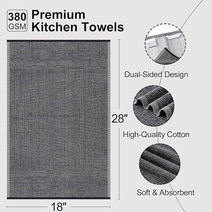 Mordimy Premium Kitchen Towels 6 Pack (18 x 28 Inches, Navy Blue/Grey/Black), Large Cotton Flat & Terry Kitchen Hand Towel, Super Absorbent Tea Dishtowels Set with Hanging Loop