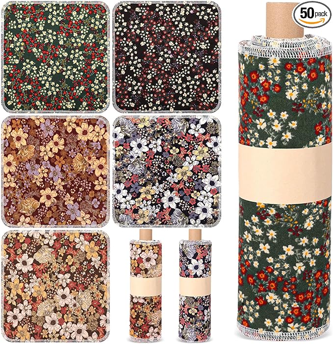 Redbaker 50 Pcs Reusable Paper Towels Paperless Reusable Cotton Cloths Toilet Absorbent Washable Paper Towels with Roll Kitchen Dishcloth for Kitchen Paperless Dishcloths (Flowers)