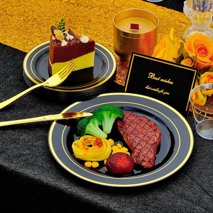 350pcs Black and Gold Dinnerware Set for 50 Guests, Black Plastic Plates with Gold Rim for Party -50 Dinne/Dessert Plates, 150 Silverware Set,50 Napkins and Cups