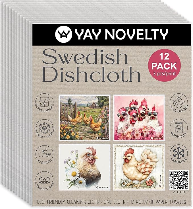 Swedish Dishcloths - 12 Pack | Made in Germany | Ultra-Absorbent, Reusable Cellulose Sponge Cloths for Kitchen | No-Odor, Eco-Friendly Cleaning Wipes | Water-Based Ink | Chicken
