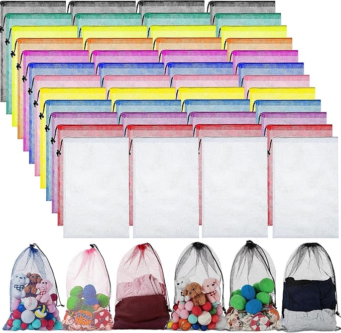 Cunno 48 Pcs Mesh Laundry Bags Mesh Drawstring Toy Storage Bags, 18 x 12 Inch Drawstring Gym Storage Nylon Stuff Sack Ball Organize for Travel Toy Sports(Vivid Color)