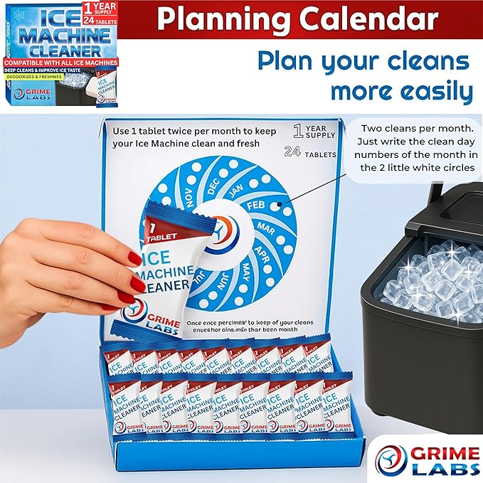 Ice Machine Cleaner Tablets Descaler – 24 Pack (1 Year Supply) – Nickel-Safe, Removes Mold & Improves Taste – Compatible with Countertop & Nugget Ice Makers