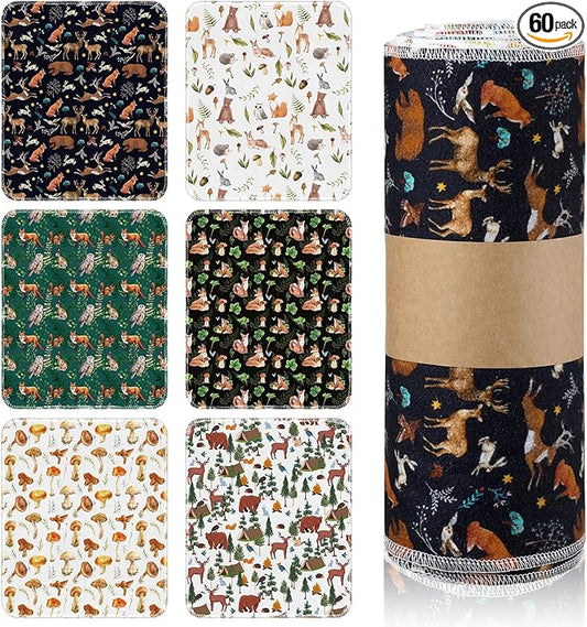 Redbaker 60 Pcs Reusable Paper Towels Rolls Kitchen Towels Bulk Washable Paperless Cloth Cotton Hand Napkins with Cardboard Reusable Napkins for Kitchen Bathroom (Wild Animal)