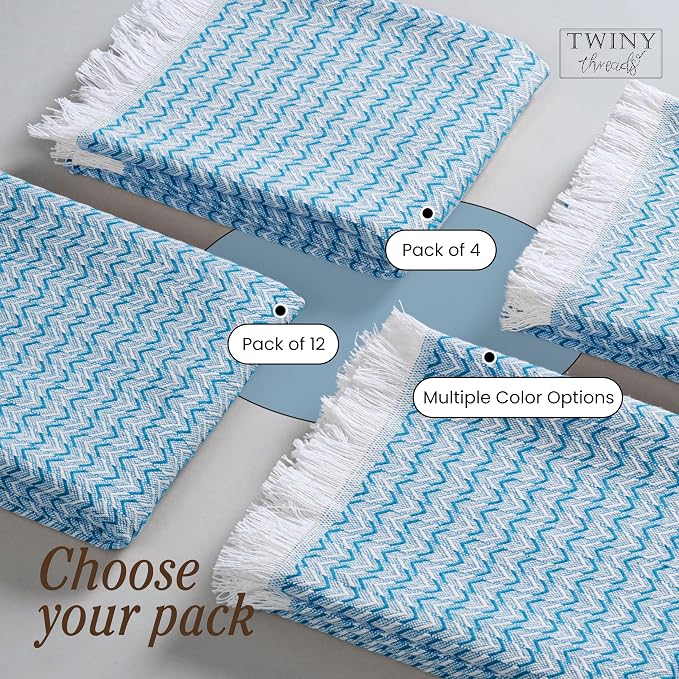 TWINY threads Kitchen Dish Towel Chevron Weave, Large Premium 100% Cotton Kitchen Linen Set, Absorbent Dish Rags for Drying Dishes, Quick Drying Washable Reusable, 12 Pack, 16x26 Inch, Turquiose Blue