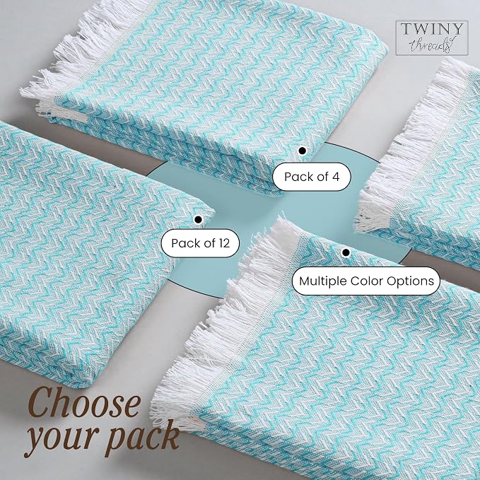 TWINY threads Dish Towel Chevron Weave, 12 Pack, Premium 100% Cotton Kitchen Linen Set, Large Dish Rags and Wash Rags, Absorbent Quick Drying, Machine Washable Dishcloth Set, 16"x26", Aqua Blue