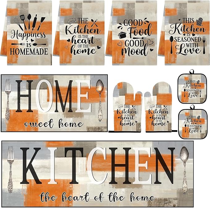 10 Pcs Orange Beige Kitchen Decor and Accessories Set, 4 Dish Towels Kitchen Rugs 2 Oven Mitts 2 Pot Holders, Home Decor for Cooking Baking BBQ Gifts Women Mom Housewarming