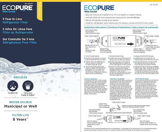 EcoPure EPINL30 5 Year in-Line Refrigerator Filter-Universal Includes Both 1/4" Compression and Push to Connect Fittings, White & Affresh Washing Machine Cleaner, 6 Month Supply