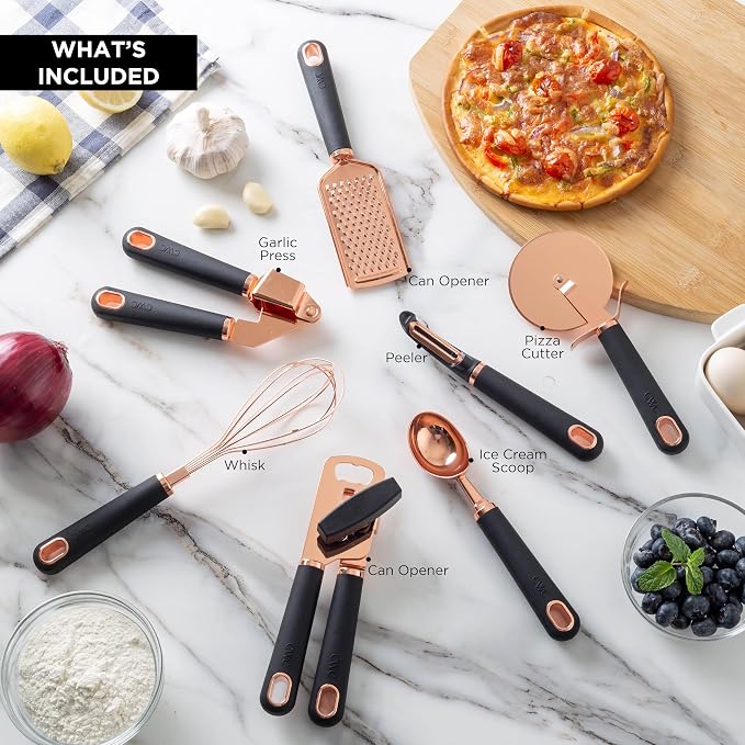 COOK WITH COLOR Kitchen Gadget Set Copper Plated Stainless Steel Utensils with Soft Touch Handles, Copper Black, 7 Pieces