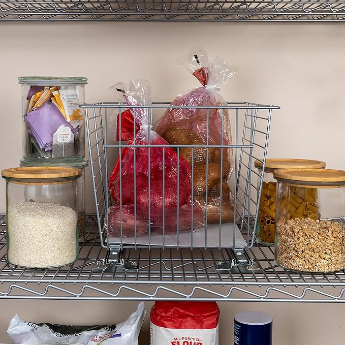 Household Essentials Glidez Steel Pull-Out/Slide-Out Storage Organizer with Plastic Liner for Under Cabinet or Wire Shelf Use - Produce Bin Design - Fits Standard Size Cabinet or Shelf, Brushed Silver