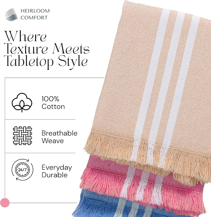 12 Pack Monochrome Stripe Kitchen Towels with Fringes, 16x26 Inch, 100% Cotton, Absorbent & Washable Dish Towels for Drying Dishes, Everyday Kitchen Use, Beige, Rose Pink, Sky Blue