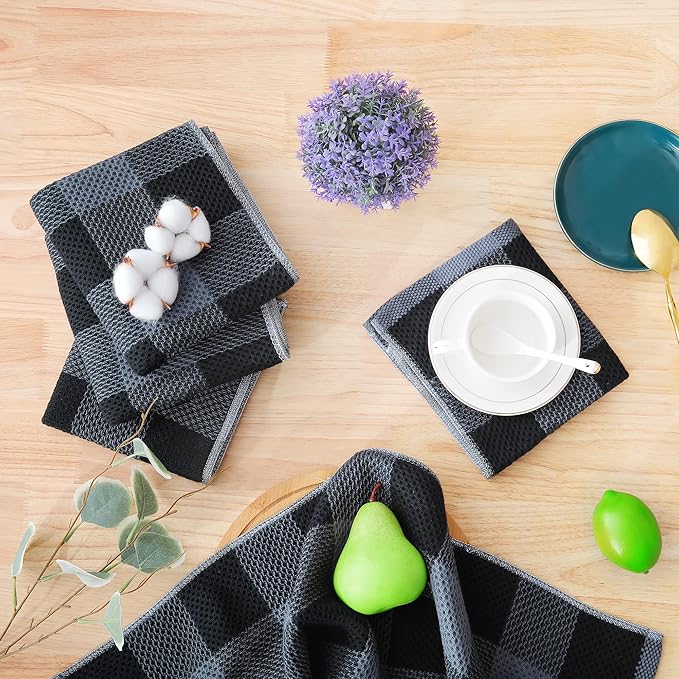 Homaxy 100% Cotton Waffle Weave Kitchen Dish Cloths, 12x12 Inches, 6-Pack, Black Kitchen Towels and Dishcloths Set, Black & Grey