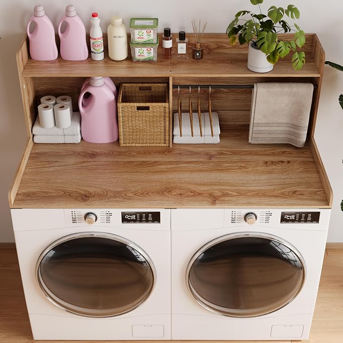 Unionly 2-Tier Washer Dryer Countertop with Clothes Rail，Laundry Topper with Edge and Non-Slip Pad for Washer and Dryer Laundry Hamper Counter Storage Organization (Light Oak Brown, Full)