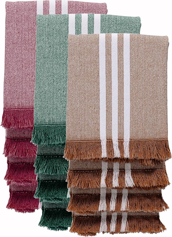 12 Pack Striped Dish Towels with Fringes, 16x26 Inch, 100% Cotton, Ultra Absorbent & Reusable, Quick Drying Kitchen Towels for Cleaning, Cooking, Brown, Forest Green, Burgundy Wine