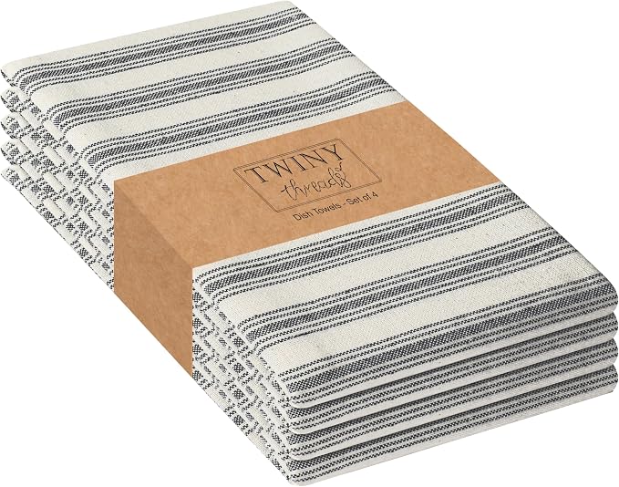 TWINY threads Set of 4 Farmhouse Stripe Kitchen Towels (18x26 Inches) Premium Tea Towels with Hanging Loop, Highly Absorbent 100% Cotton Bulk Kitchen Hand Towels for Drying Cleaning - Black