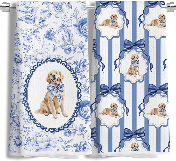 Chinoiserie Golden Retriever Gifts Kitchen Towels,Blue and White Floral Golden Retriever Decorative Dish Towels,Grandmillennial Botanical Dog Hand Towels for Bathroom,16x24 Inch Set of 2