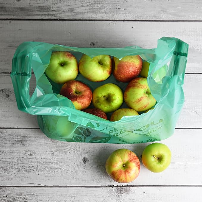 KitchenDine Eco Green Plastic Bags - 100 Count Biodegradable Shopping Bags-Thank You - 22" x 12" Carry Out Bag. (100)