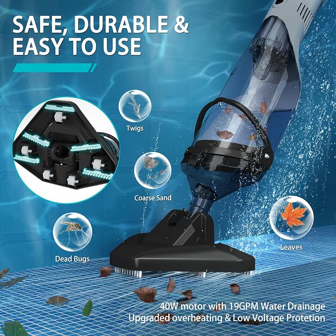 Cordless Above Ground Pool Vacuum, 19 GPM Handheld Spa Hot Tub Vacuum Cleaner with 60" Extendable Pole, 60 Min Running Time, Ideal for Cleaning Debris and Sand Underwater