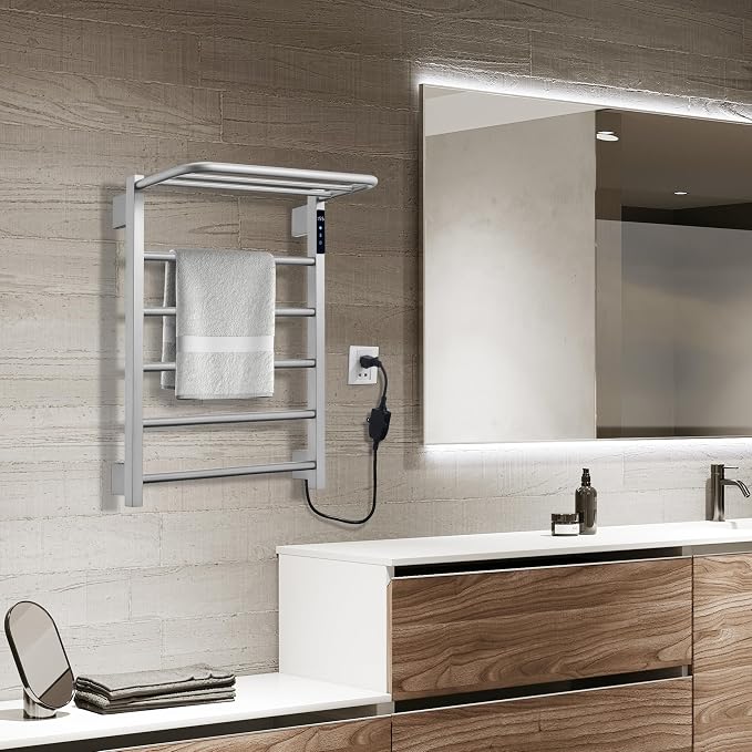 Heated Towel Racks for Bathroom, Hot Towel Warmer with 24hr Timer Stainless Steel Wall Mounted Electric Towel Warmers for Bathroom (Nickel, 5-Bar)
