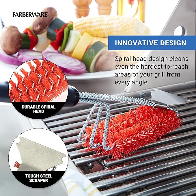 Farberware BBQ Triple Nylon Head Grill Brush, 360-Degree Spiral Head for Hard to Reach Areas of Your Grill, Dishwasher Safe