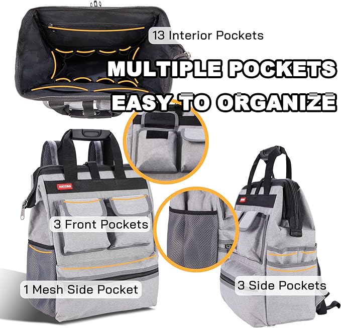 Backpack Tool Bag with Padded Back Support Heavy Duty Tool Kit Carrier Storage Bags for Electrician, Plumber, HVAC, Cable Repairman