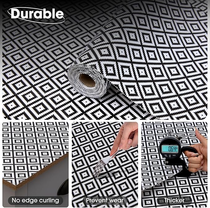 Drawer and Shelf Liner, Non-Slip Kitchen Cabinet Liners Non-Adhesive Thick Strong Grip Waterproof Washable Mats Protect Dresser Shelves Cupboard Bathroom Cabinets, Black & White, 12 in X 20 FT