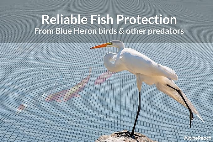 AlpineReach Koi Pond Netting Kit 7 x 10 ft Black Heavy Duty Woven Fine Mesh Net Cover for Leaves - Protects Koi Fish from Blue Heron Birds, Cats & Predators – Reusable & Stakes Included