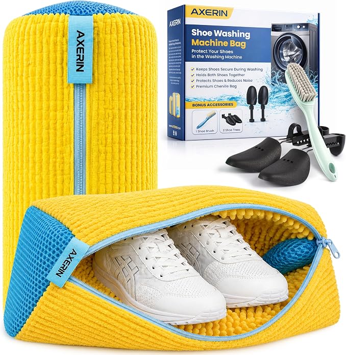 Shoe Washing Machine Bag for Washer and Dryer – AXERIN 5-Piece Kit | 2 Laundry Shoe Bags, 2 Shoe Trees & Brush, Reusable Sneaker Washing Bag, 360° Deep Clean for Sneakers, Tennis & All Shoes