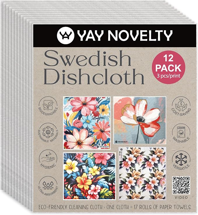 Swedish Dishcloths - 12 Pack | Made in Germany | Ultra-Absorbent, Reusable Cellulose Sponge Cloths for Kitchen | No-Odor, Eco-Friendly Cleaning Wipes | Water-Based Ink | Pop Flora