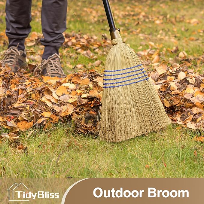 TidyBliss Corn Broom Heavy Duty, 59 inches Tall Household Indoor Outdoor Natural Straw Brush for Sweeping Garden, Garage, Yard, Porch, Patio, Sidewalk, Concrete, Stone Floors