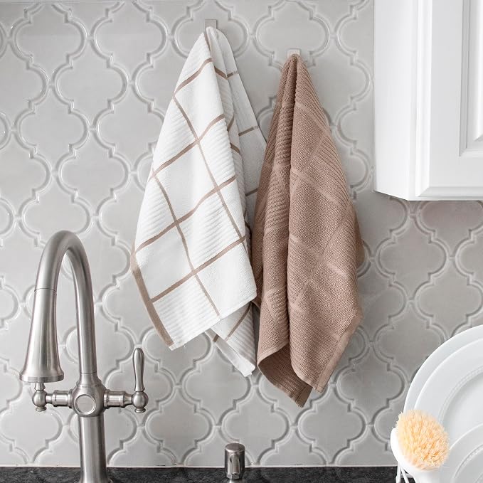 T-Fal Solid & Checked Parquet Kitchen Towels: Highly Absorbent, Super Soft Long Lasting - 100% Cotton, 16"x26" Dish Towels for Cleaning & Drying Dishes, Pans, Glassware, Countertops, 2-Pack, Sand