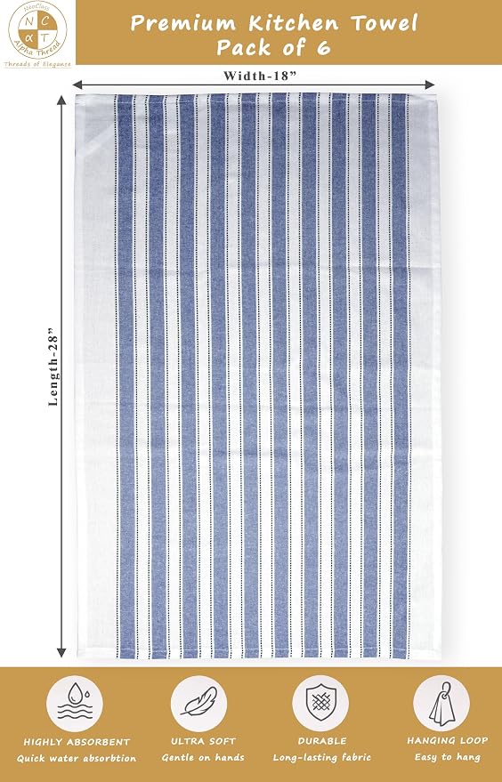 Pack of 6 Cotton Kitchen Towels Set, Dish Towels, Cleaning Rags, Kitchen Dish Cloths for Washing Dishes, Cotton Cleaning Cloths, Ultra Soft, Lightweight & Quick Dry, Flat Weave, 28"x18" (Denim & Gray)