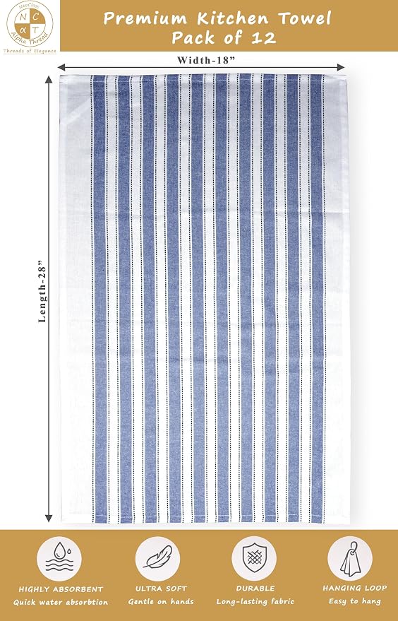 Pack of 12 Cotton Kitchen Towels Set, Dish Towels, Cleaning Rags, Kitchen Dish Cloths for Washing Dishes, Cotton Cleaning Cloths, Ultra Soft, Lightweight & Quick Dry, Flat Weave, 28"x18", Denim & Gray