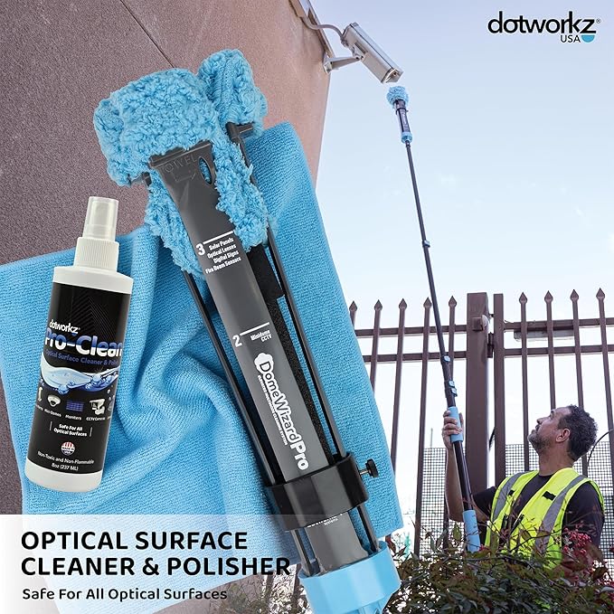 DomeWizard™ Compact Security Camera Cleaning Kit with Pole – Streak-Free Lens Cleaner for Dome, PTZ, Mini Dome & Bullet Cameras – Reusable Microfiber Mitt + 8oz Cleaning Solution