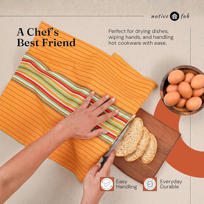 Native Fab Mexican Salsa Stripe Kitchen Towels, 8 Pack, 18x28 Inches, 100% Cotton, Highly Absorbent, Soft, Dish Towel for Drying Dishes, Everyday Kitchen Use, Reusable, Washable, Mustard Yellow