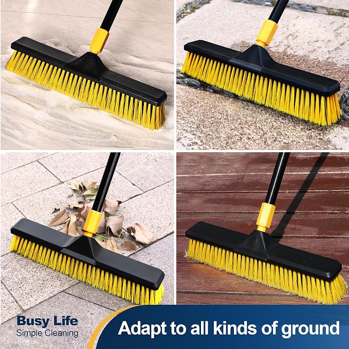 Yocada Push Broom Brush 18"+24" Set 5.3" Long Handle Stiff Bristles Heavy-Duty Outdoor Commercial for Cleaning Bathroom Kitchen Patio Garage Deck Concrete Wood Stone Tile Floor