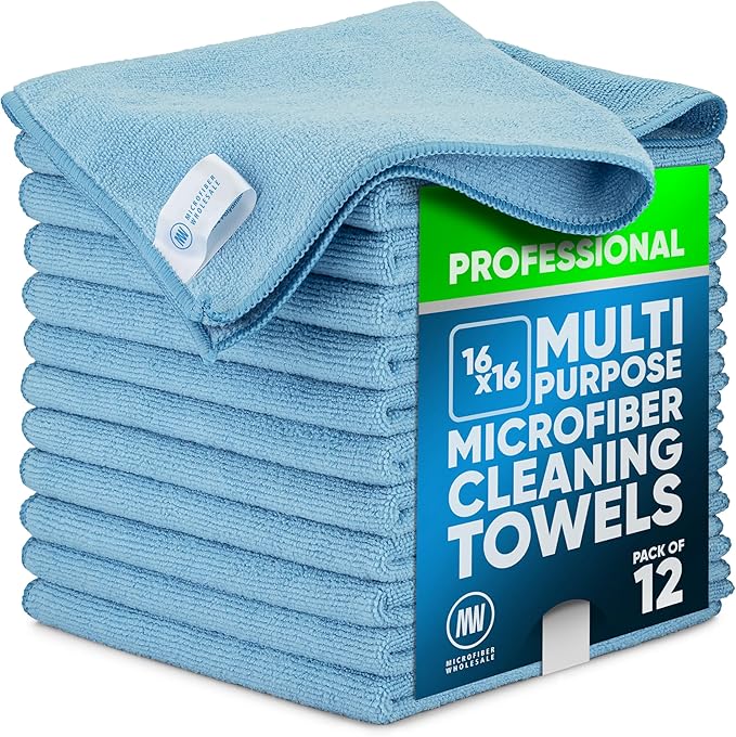 MW Pro Microfiber Cleaning Cloth | Blue | 12 Pack | 16” x 16” | All Purpose Microfiber Towels - Clean, Dust, Polish, Scrub, Absorbent