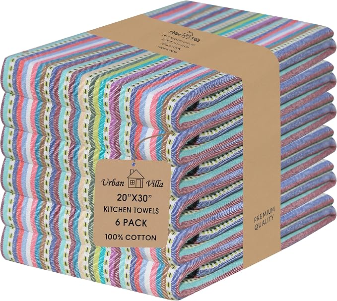 Urban Villa Easter Collection Kitchen Towels Multi Dobby Stripes Premium Quality 100% Cotton Dish Towels Mitered Corners Ultra Soft (Size: 20X30 Inch) Highly Absorbent Bar & Tea Towels (Set of 6)