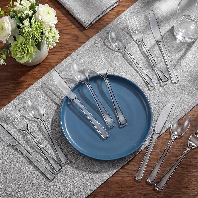 Minatee 150 Pcs Black Plastic Silverware, Clear Disposable Cutlery Set Heavy Duty Utensil Sets 50 Forks 50 Knives 50 Spoons for Birthday Party Home Office School Picnics Restaurant Outdoor Events